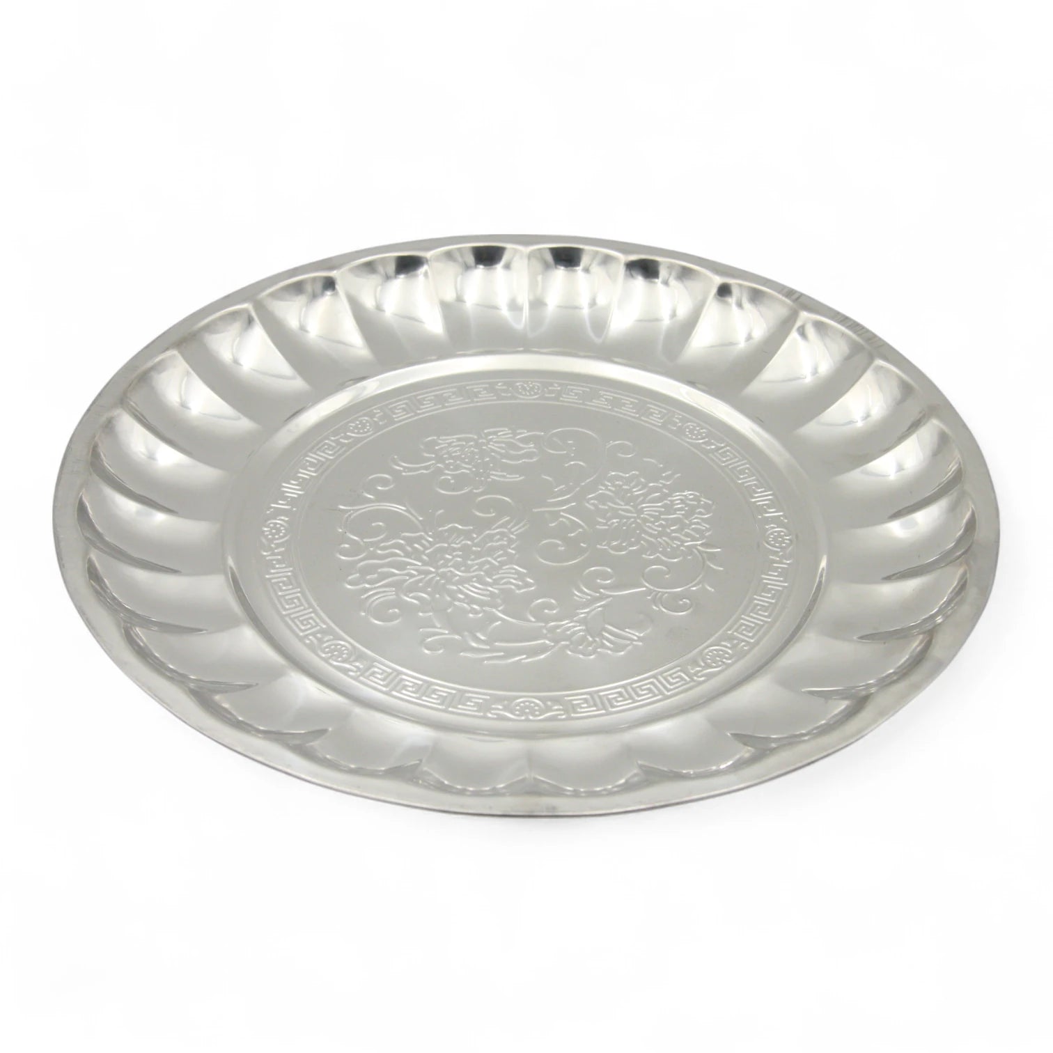 Decorative Stainless Steel Serving Plate – Round Embossed Tray with Floral Pattern – Durable & Rust-Resistant – Ideal for Sweets, Fruits & Events - Damoo