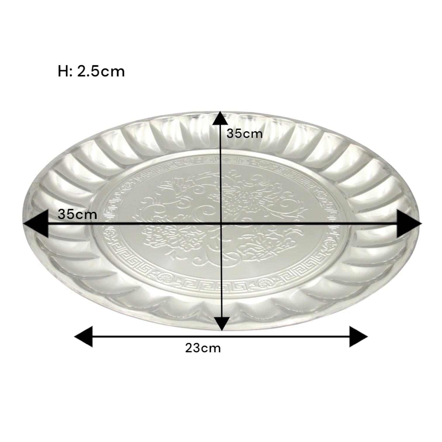 Decorative Stainless Steel Serving Plate – Round Embossed Tray with Floral Pattern – Durable & Rust-Resistant – Ideal for Sweets, Fruits & Events - Damoo