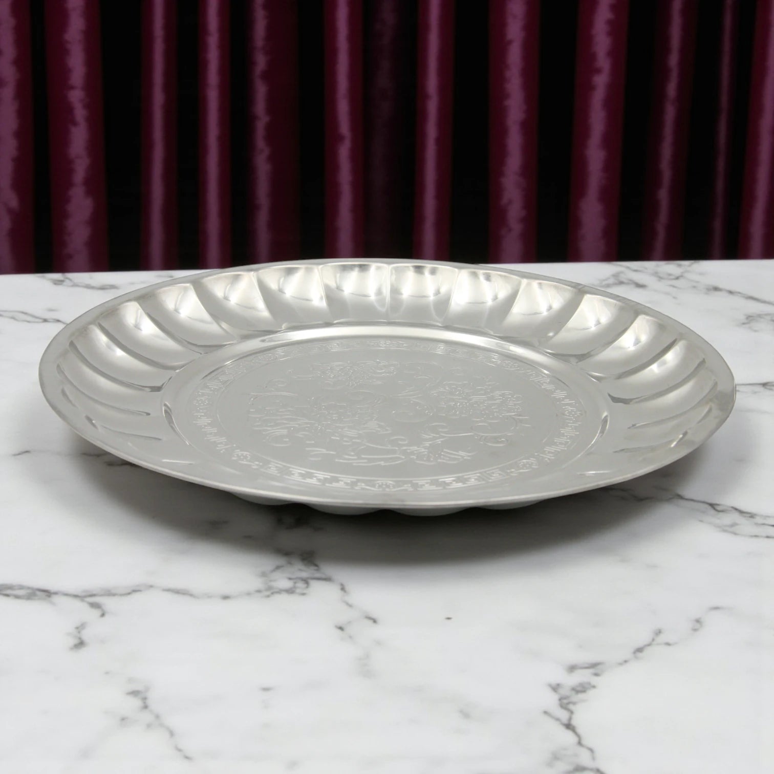 Decorative Stainless Steel Serving Plate – Round Embossed Tray with Floral Pattern – Durable & Rust-Resistant – Ideal for Sweets, Fruits & Events - Damoo