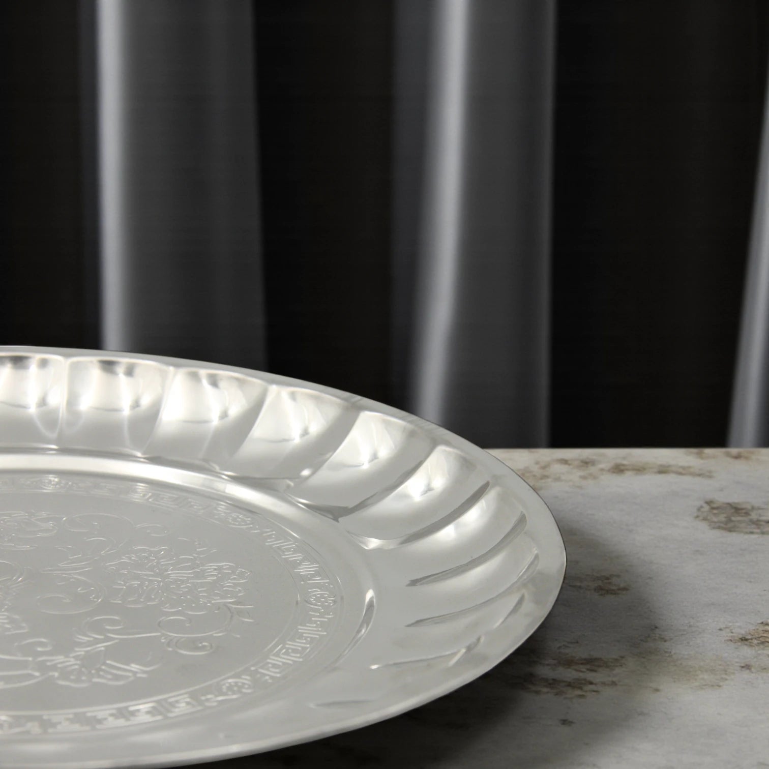 Decorative Stainless Steel Serving Plate – Round Embossed Tray with Floral Pattern – Durable & Rust-Resistant – Ideal for Sweets, Fruits & Events - Damoo
