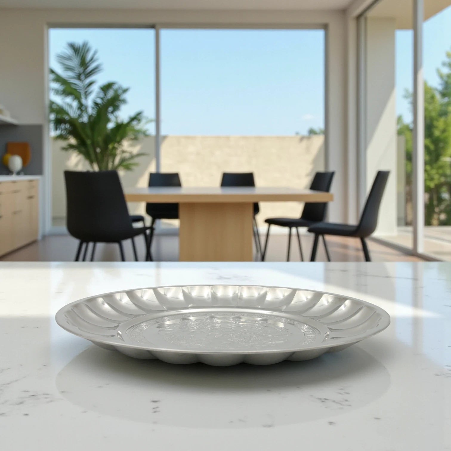 Decorative Stainless Steel Serving Plate – Round Embossed Tray with Floral Pattern – Durable & Rust-Resistant – Ideal for Sweets, Fruits & Events - Damoo