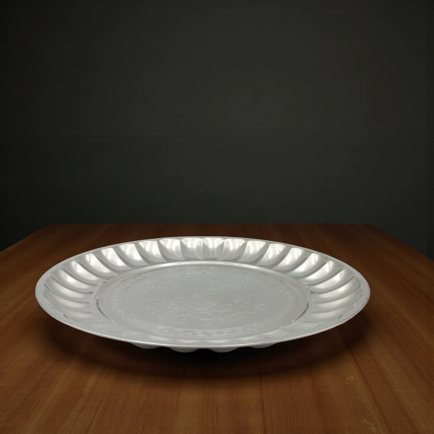 Decorative Stainless Steel Serving Plate – Round Embossed Tray with Floral Pattern – Durable & Rust-Resistant – Ideal for Sweets, Fruits & Events - Damoo