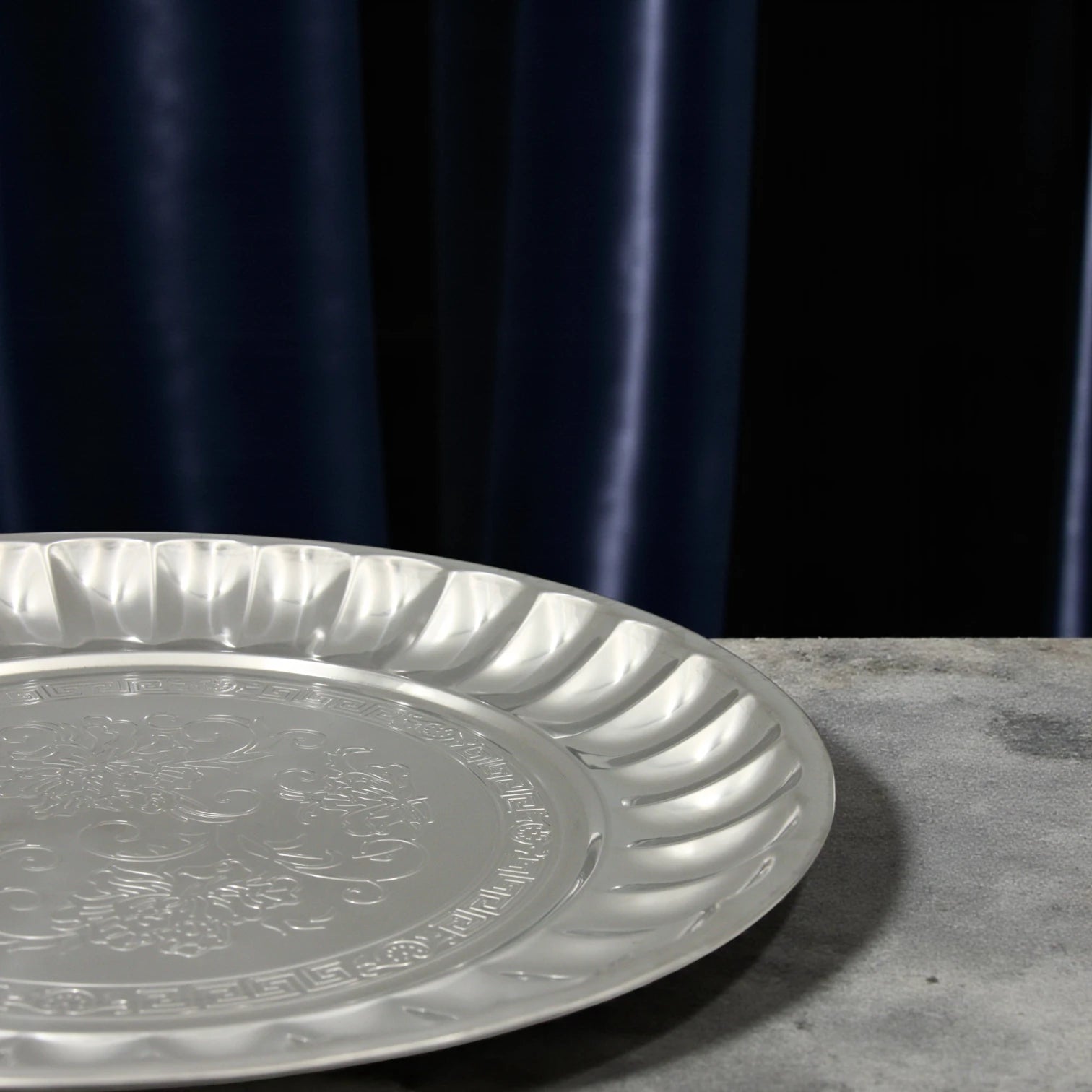 Decorative Stainless Steel Serving Plate – Round Embossed Tray with Floral Pattern – Durable & Rust-Resistant – Ideal for Sweets, Fruits & Events - Damoo