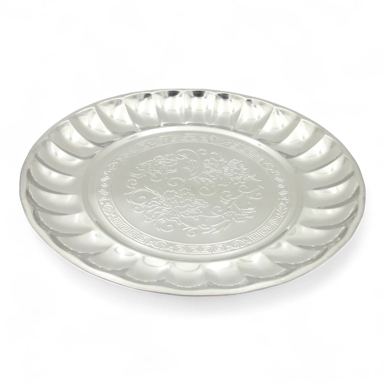 Decorative Stainless Steel Serving Plate – Round Embossed Tray with Floral Pattern – Durable & Rust-Resistant – Ideal for Sweets, Fruits & Events - Damoo