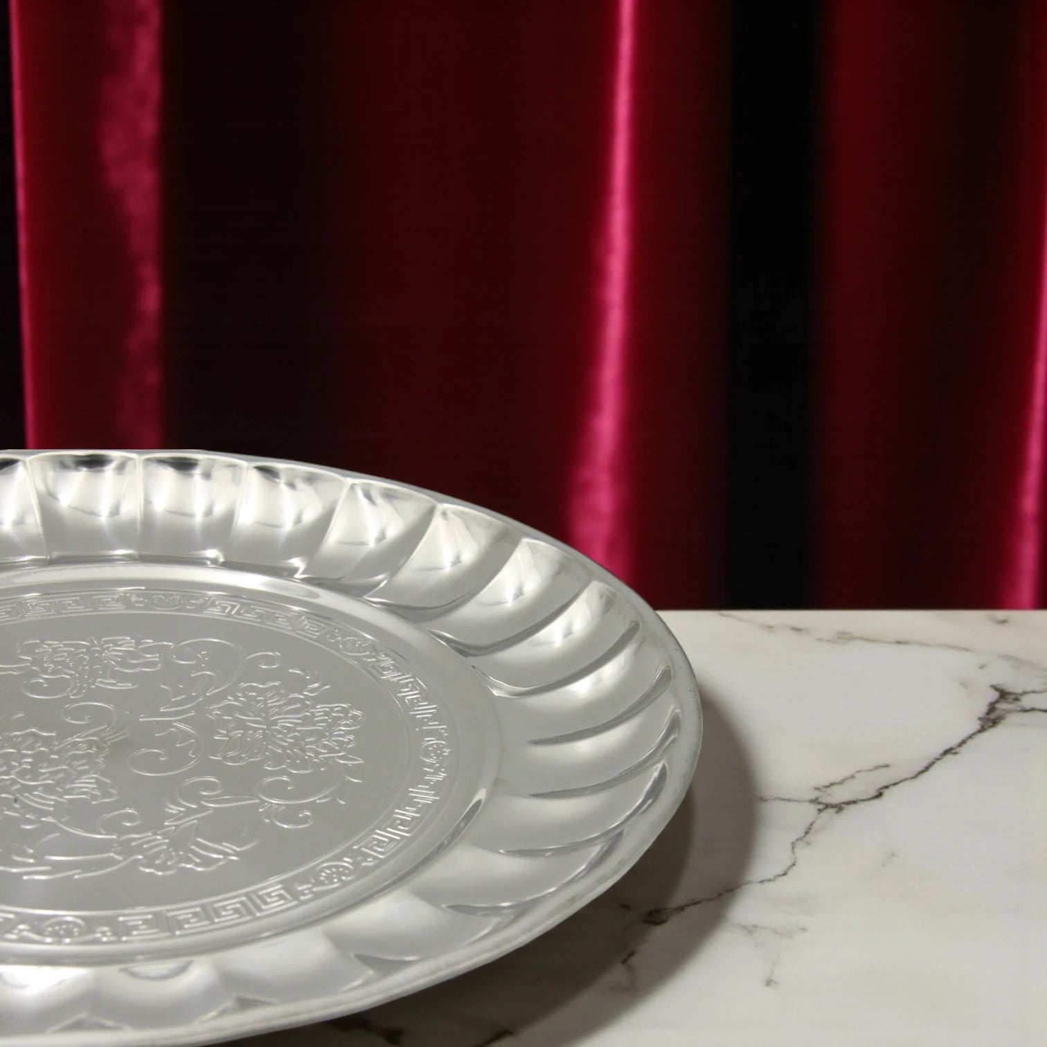 Decorative Stainless Steel Serving Plate – Round Embossed Tray with Floral Pattern – Durable & Rust-Resistant – Ideal for Sweets, Fruits & Events - Damoo