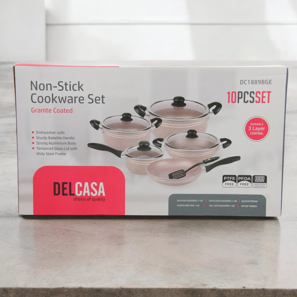 DELCASA 10-Piece Non-Stick Cookware Set – Forged Aluminum Body with Durable 3-Layer Coating, PTFE & PFOA Free, Induction Compatible, Bakelite Handles, Tempered Glass Lids with Steel Frame - Damoo