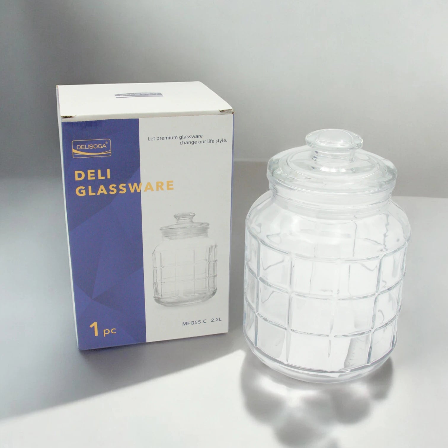 DELISOGA 2.2L Airtight Glass Storage Jar with Lid – Premium Clear Cylinder Container for Kitchen Pantry, Dry Goods & Snacks – Model MFG55-C - Damoo