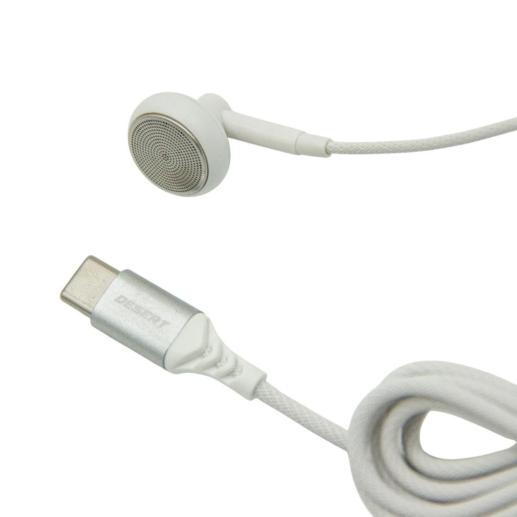 Desert Stereo Earphone with Type-C Connector – Ear Wired Mono Earphone with Mic, Deep Bass, 1.3m Braided Cable, 10mm Speaker Size for iPhone - Damoo