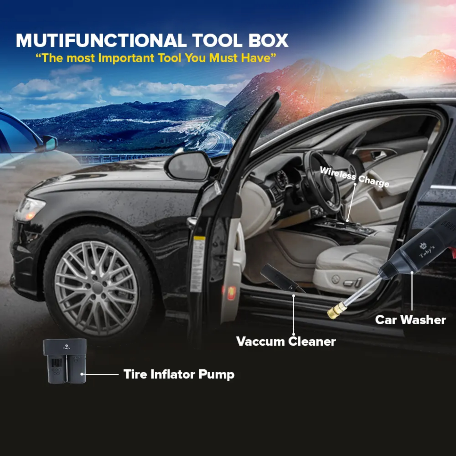 Toby’s T5 Cordless Car Care Kit | 5-in-1 Portable DC12V Car Washer, Vacuum Cleaner, Tire Inflator, Flashlight & Power Bank - Damoo