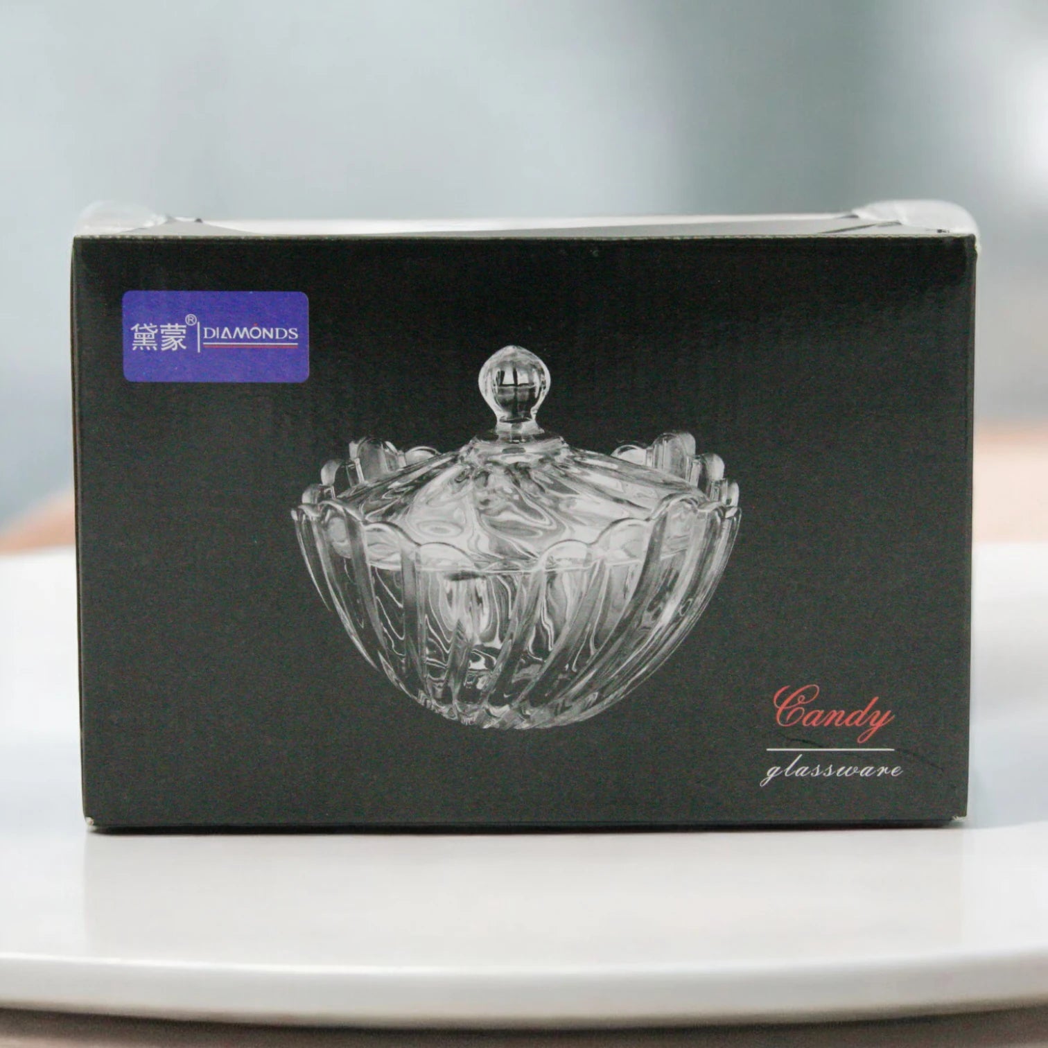 DIAMONDS Elegant Crystal-Style Glass Candy Bowl with Lid – Decorative Clear Storage Jar for Sweets, Nuts & Decor – Diamond Cut Design - Damoo