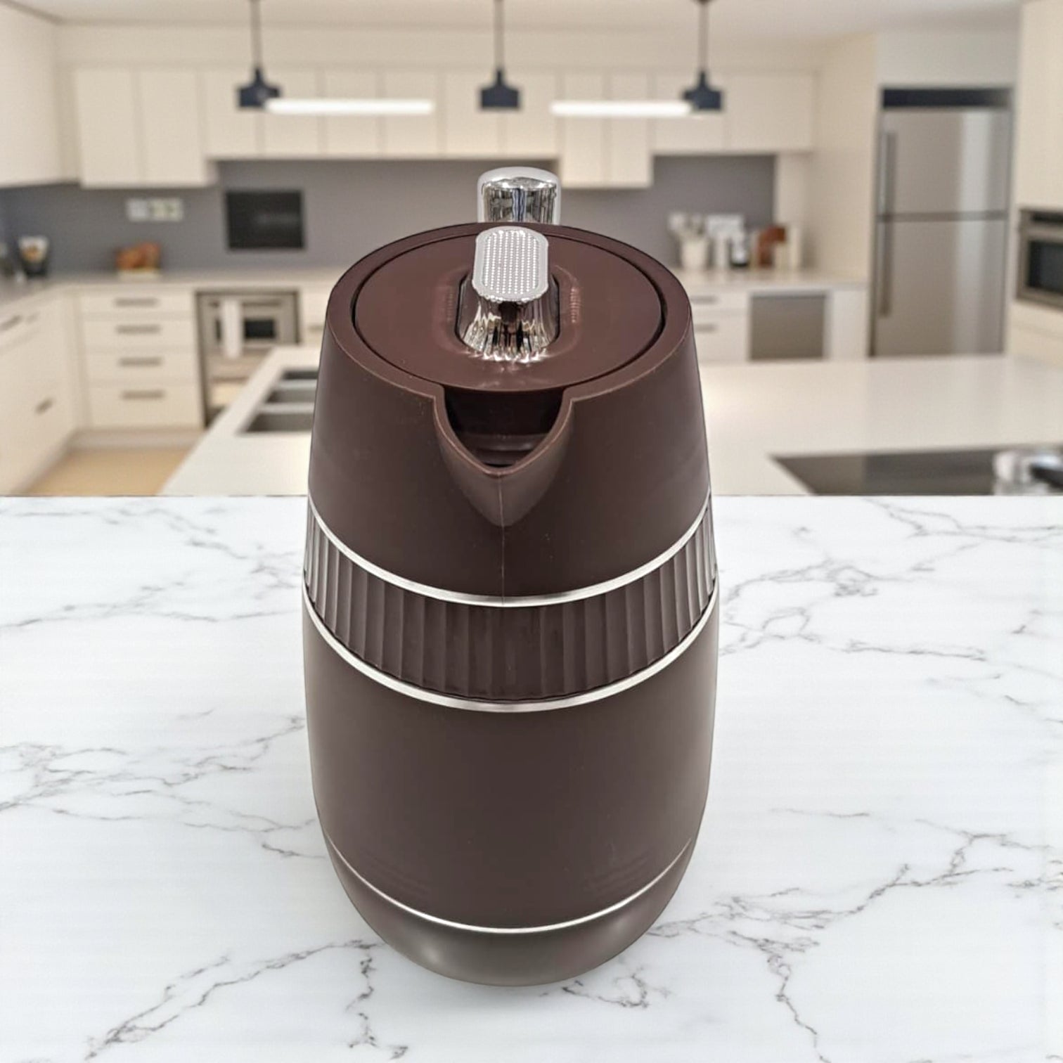 GERMAX Premium Insulated Thermos Flask – Brown with Chrome Handle & Lid – Vacuum Jug for Hot & Cold Drinks, Durable Plastic Body, Elegant Design, 1L Capacity - Damoo