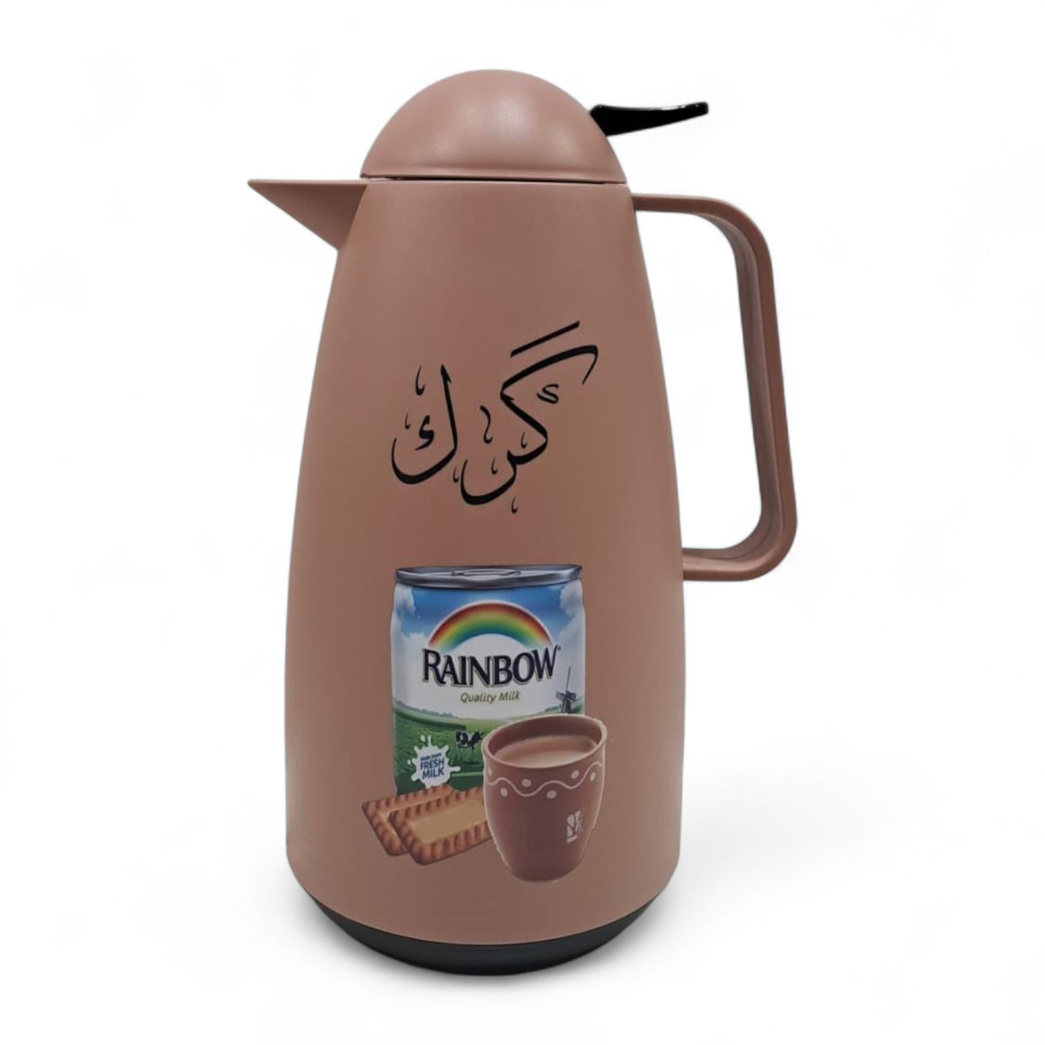 Crystal House Beige Thermos Flask – Rainbow Milk & Biscuit Design | Double Wall Insulated Tea Flask for Hot & Cold Beverages - Damoo