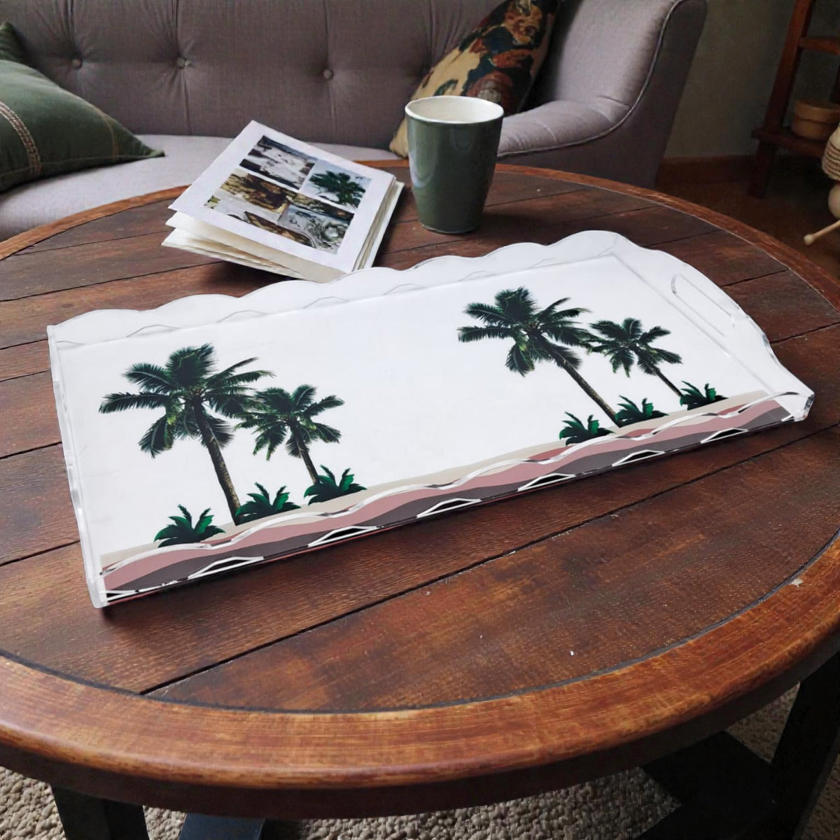 Damoo Palm Acrylic Serving Tray with Handles – Tropical Palm Design Decorative Multipurpose Tray for Serving, Dining & Home Décor (4H x 45.5L × 24W CM) - Damoo