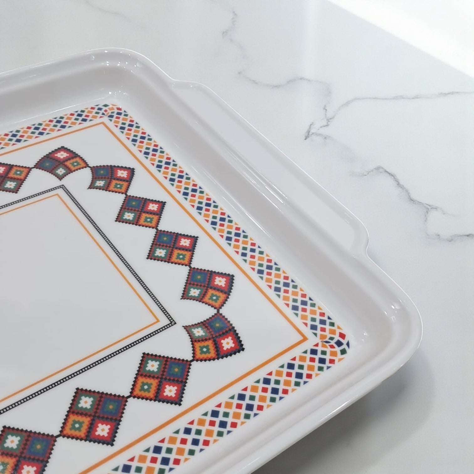 Traditional Rectangular Serving Tray – White Plastic Tray with Arabic Geometric Design | Durable Lightweight Tray for Tea, Coffee & Snacks - Damoo