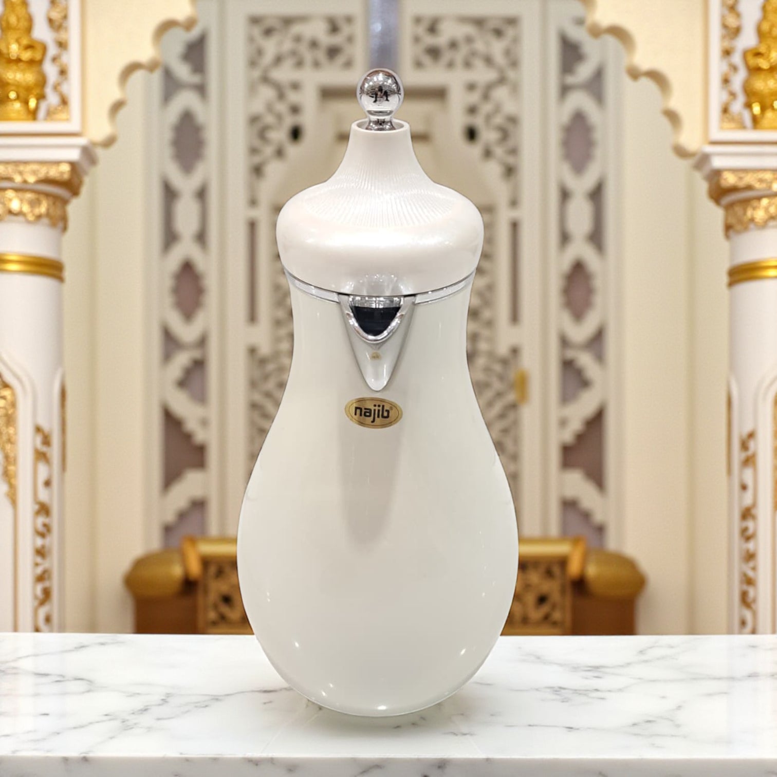 Najib Modern Style Vacuum Flask Set – 0.7L & 1.0L White Silver & White Gold Thermos Duo, Elegant Face Design, Double-Wall Insulated Jugs for Hot & Cold Beverages, Leak-Proof Lid & Ergonomic Handle - Damoo