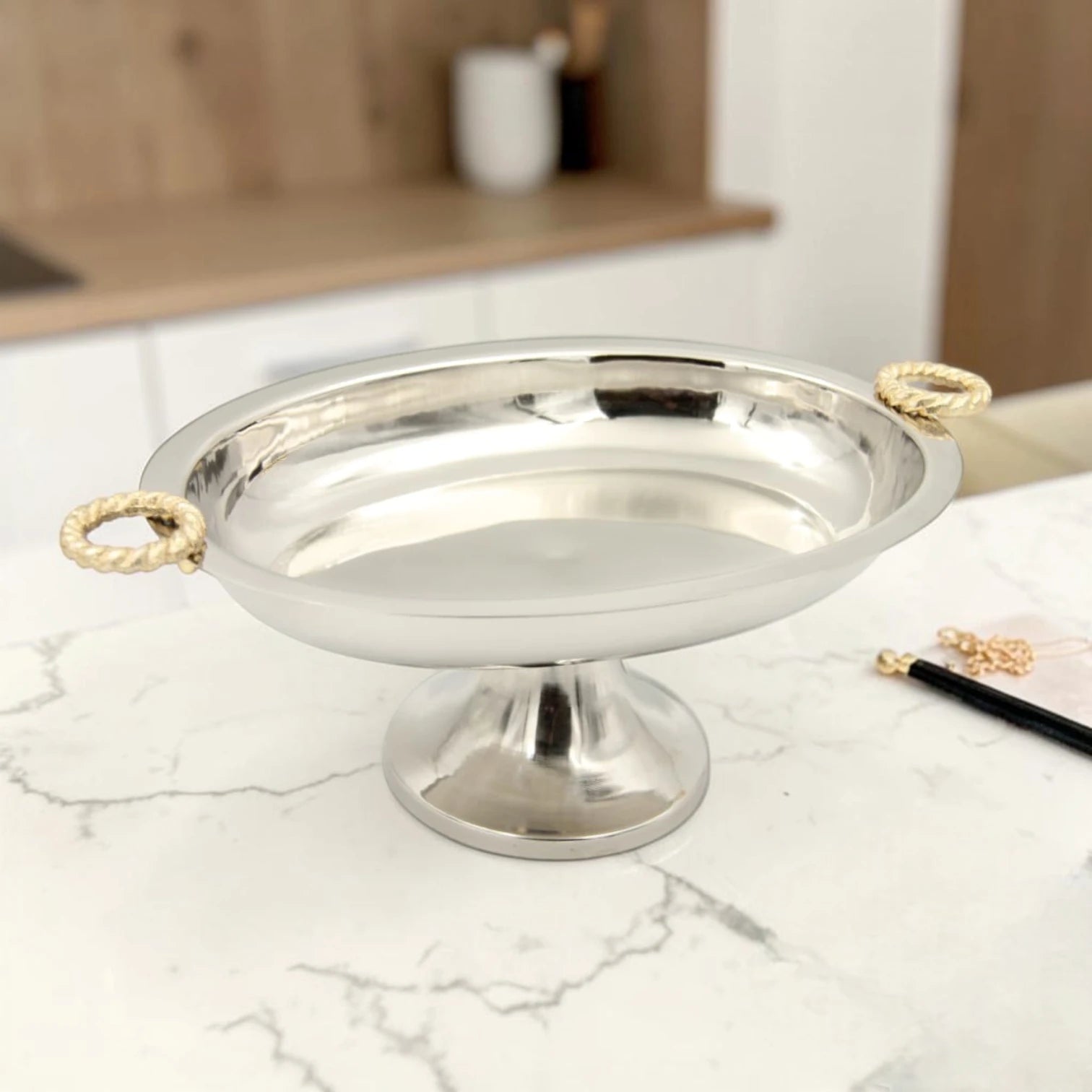 Damoo Oval Metal Serving Tray with Pedestal Base & Gold Handles – Elegant Aluminum & Steel Display Stand for Desserts, Fruits & Table Serving (15H x 39L x 24W CM) - Damoo