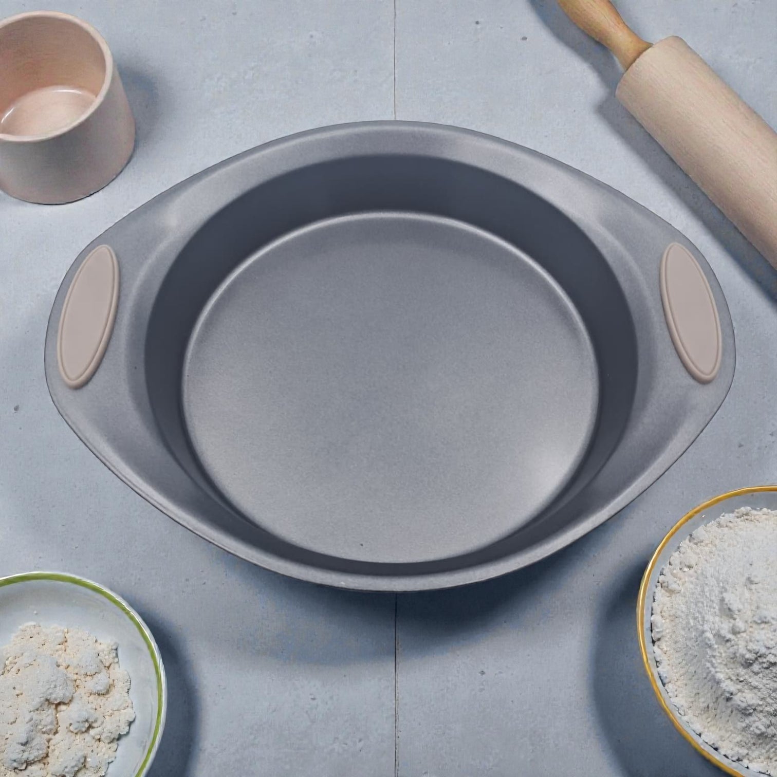 MSLE Marble Coating Nonstick Round Cake Baking Pan with Silicone Handles – Carbon Steel Bakeware for Even Baking (5H x 31L x 26W CM) - Damoo