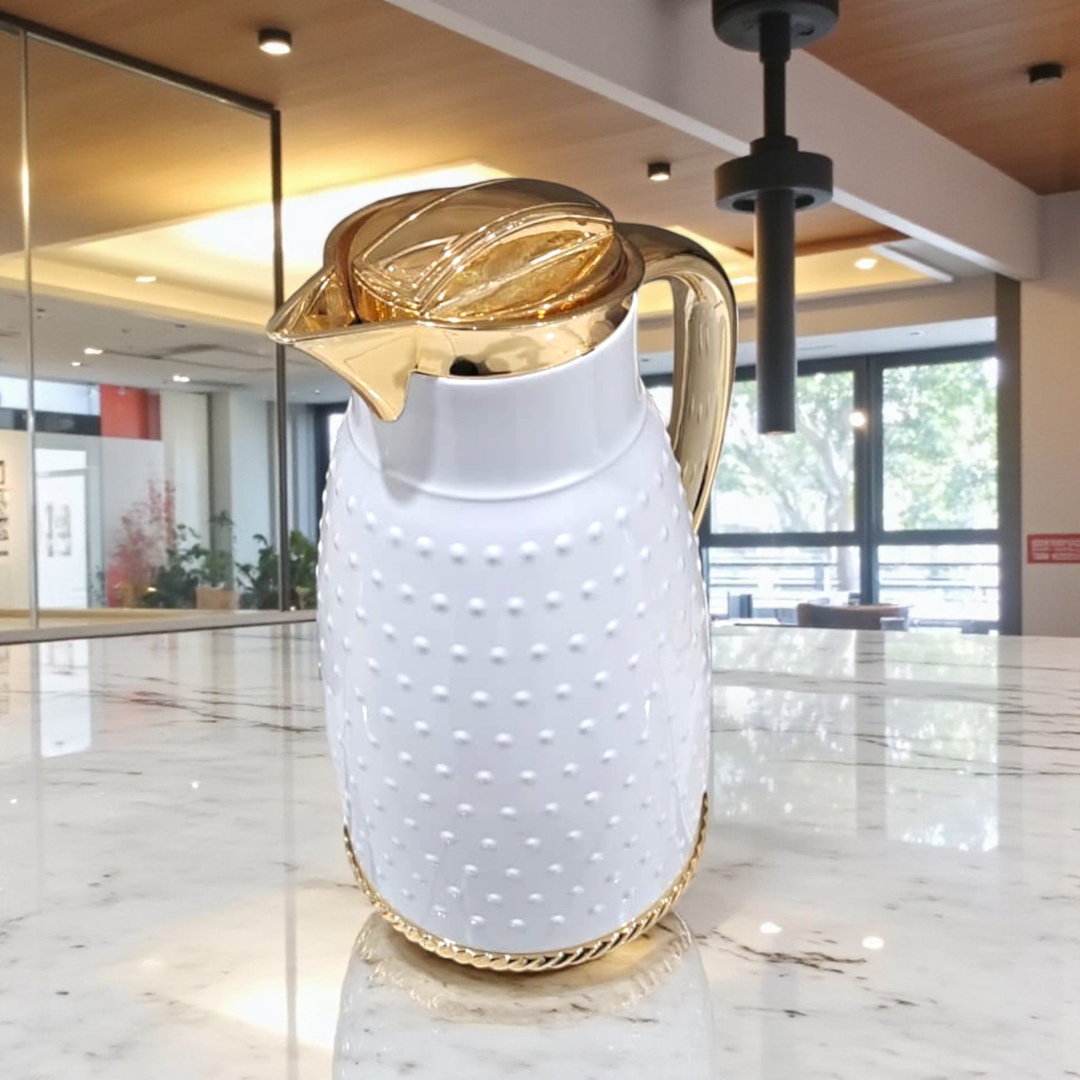 Ansa Premium White Insulated Thermos Flask – Elegant Dotted Design with Chrome or Gold Finish – 1L Vacuum Jug for Hot & Cold Beverages - Damoo