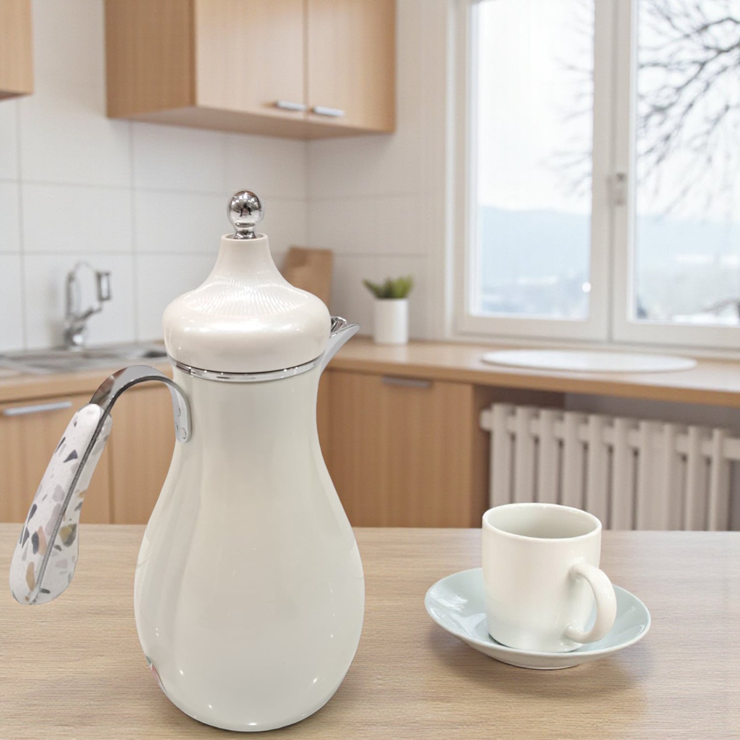 Najib Modern Style Vacuum Flask Set – 0.7L & 1.0L White Silver & White Gold Thermos Duo, Elegant Face Design, Double-Wall Insulated Jugs for Hot & Cold Beverages, Leak-Proof Lid & Ergonomic Handle - Damoo