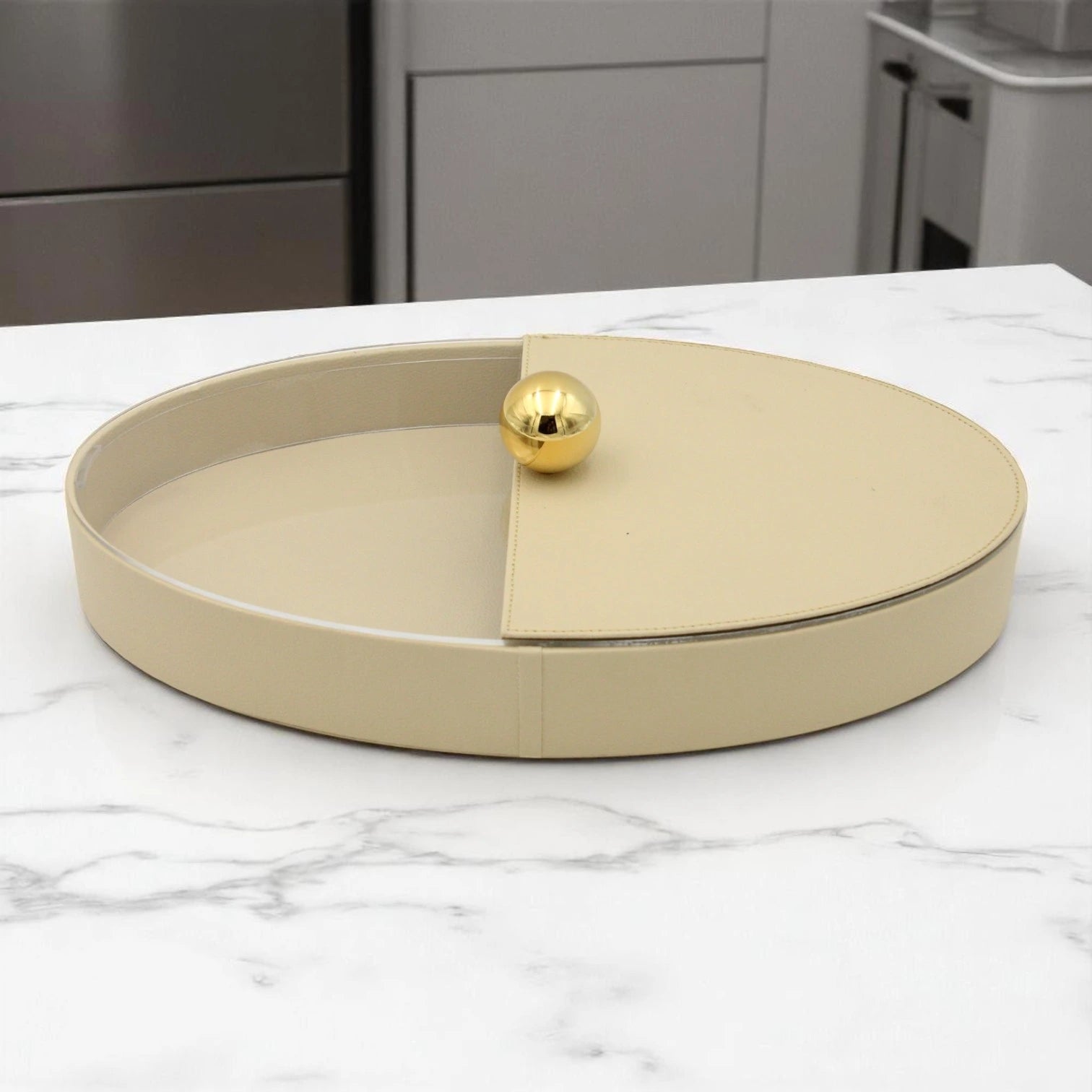Elegant Beige Oval Leather Tray with Gold Accent – Decorative Storage Tray with Lid for Jewelry, Keys, or Vanity Display - Damoo