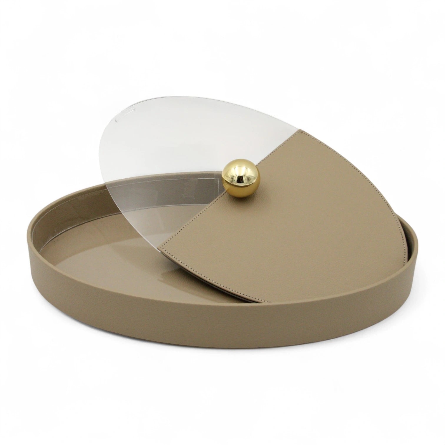 Elegant Beige Oval Leather Tray with Gold Accent – Decorative Storage Tray with Lid for Jewelry, Keys, or Vanity Display - Damoo