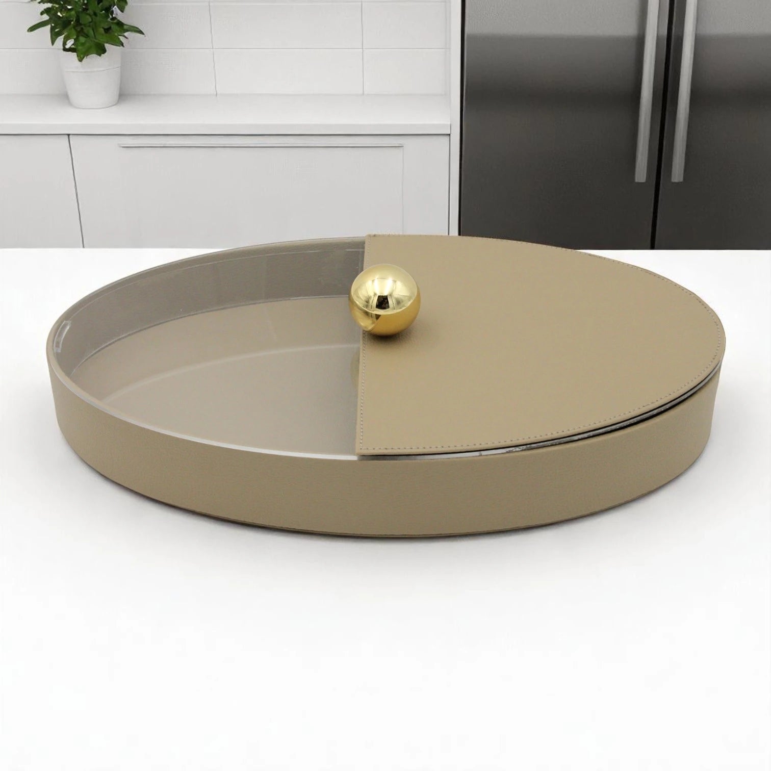 Elegant Beige Oval Leather Tray with Gold Accent – Decorative Storage Tray with Lid for Jewelry, Keys, or Vanity Display - Damoo