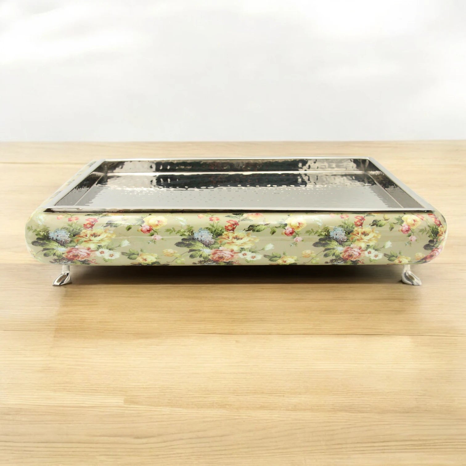 Elegant Floral Wooden Serving Tray with Hammered Metal Top – Decorative Footed Display Stand for Home, Parties & Gifting - Damoo