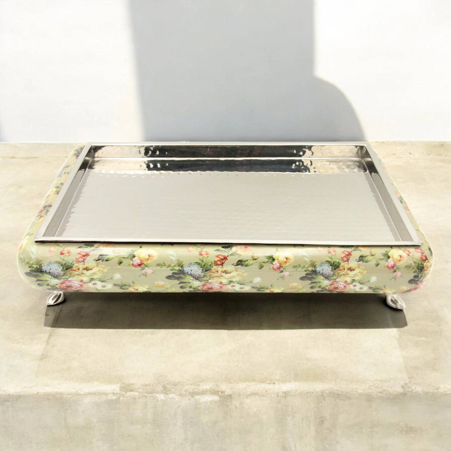 Elegant Floral Wooden Serving Tray with Hammered Metal Top – Decorative Footed Display Stand for Home, Parties & Gifting - Damoo