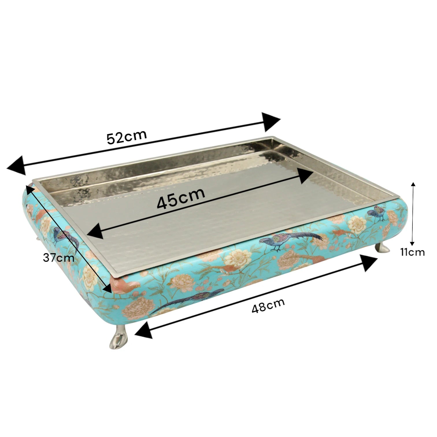 Elegant Floral Wooden Serving Tray with Hammered Metal Top – Decorative Footed Display Stand for Home, Parties & Gifting - Damoo