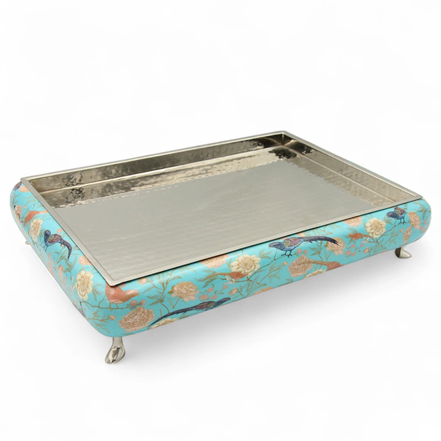 Elegant Floral Wooden Serving Tray with Hammered Metal Top – Decorative Footed Display Stand for Home, Parties & Gifting - Damoo