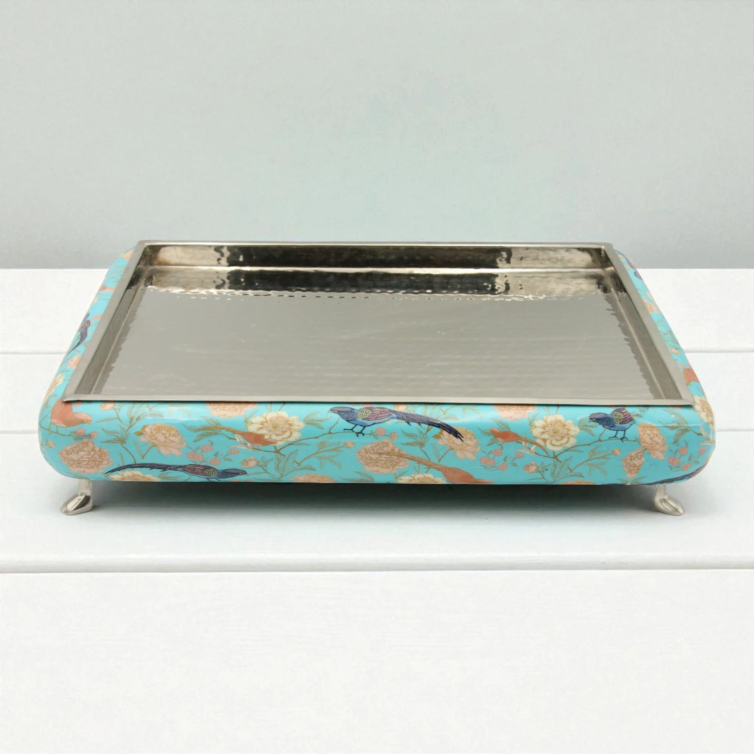 Elegant Floral Wooden Serving Tray with Hammered Metal Top – Decorative Footed Display Stand for Home, Parties & Gifting - Damoo