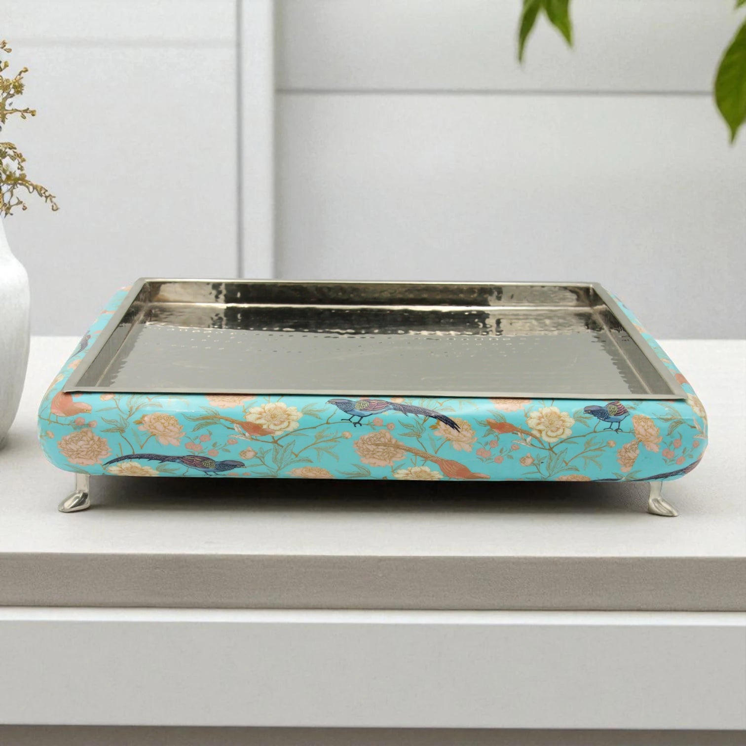Elegant Floral Wooden Serving Tray with Hammered Metal Top – Decorative Footed Display Stand for Home, Parties & Gifting - Damoo