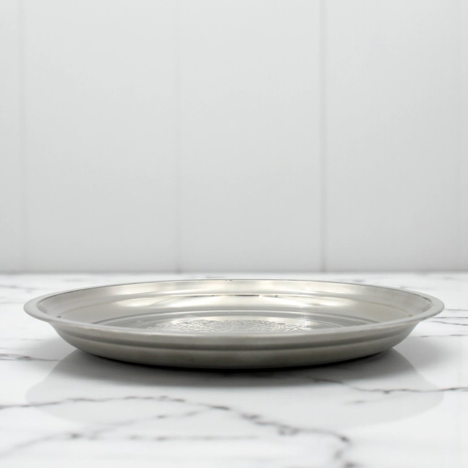 Elegant Stainless Steel Embossed Serving Plate – Round Silver Tray for Snacks, Fruits & Sweets – Durable, Rust-Resistant & Decorative Design for Home or Events - Damoo