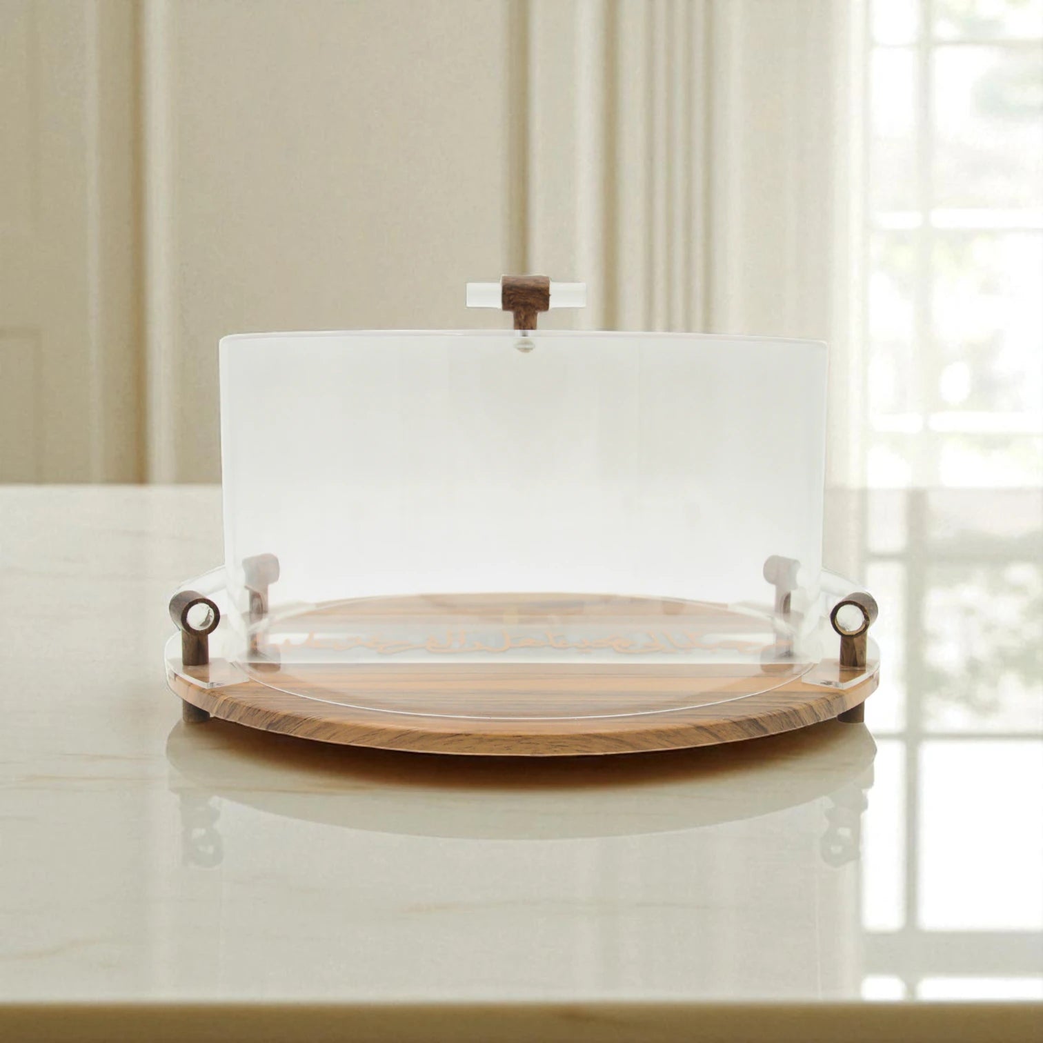 Elegant Wooden Acrylic Serving Tray with Arabic Calligraphy & Clear Lid – Multipurpose Decorative Hostess Tray - Damoo