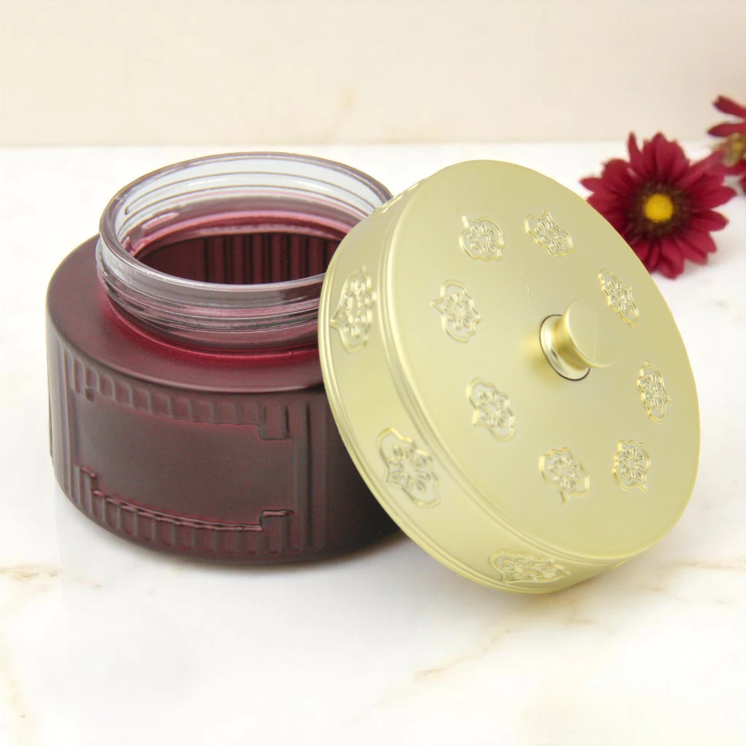 Empty Bakhoor Storage Jar 160ML – Elegant Red & Gold Glass Jar | EMPTY BAKHOOR JAR | BAKHOOR & OUD JAR | Decorative Multipurpose Container - Damoo