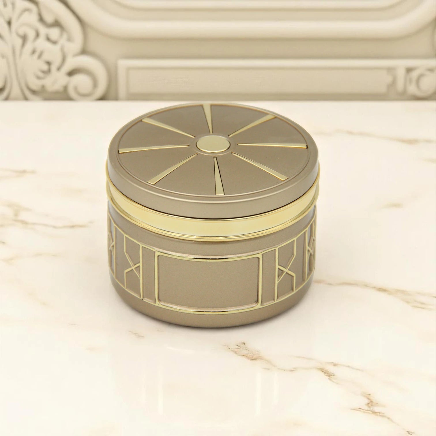 Empty Bakhoor Storage Jar 170ML – Beige Body with Gold Geometric Design & Lid - Elegant Incense Storage - Damoo