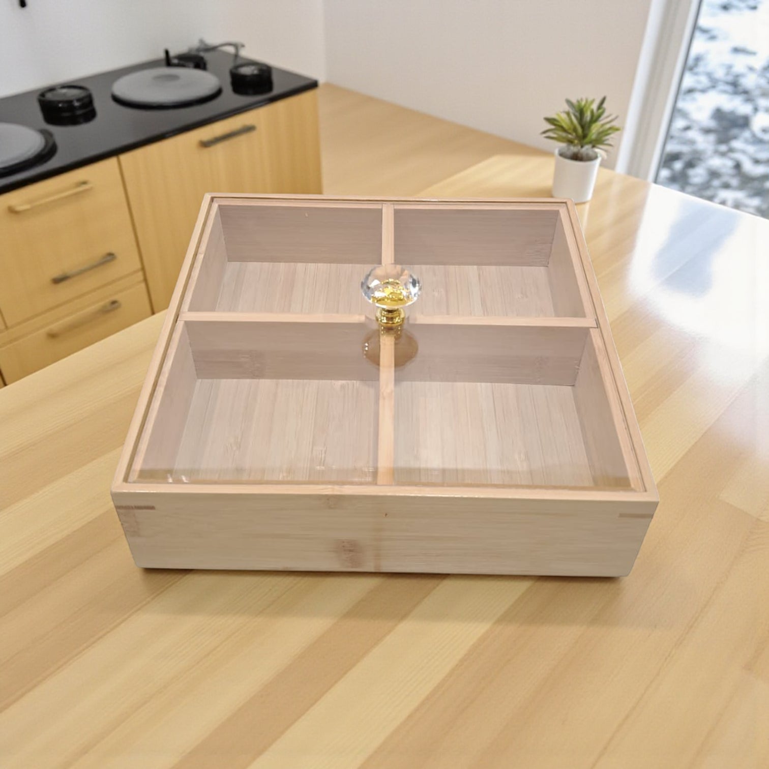 Luxury Wooden Snack Serving Box with Crystal Handle Lid – 4-Compartment Dried Fruit, Nut & Candy Organizer Tray for Home & Parties - Damoo