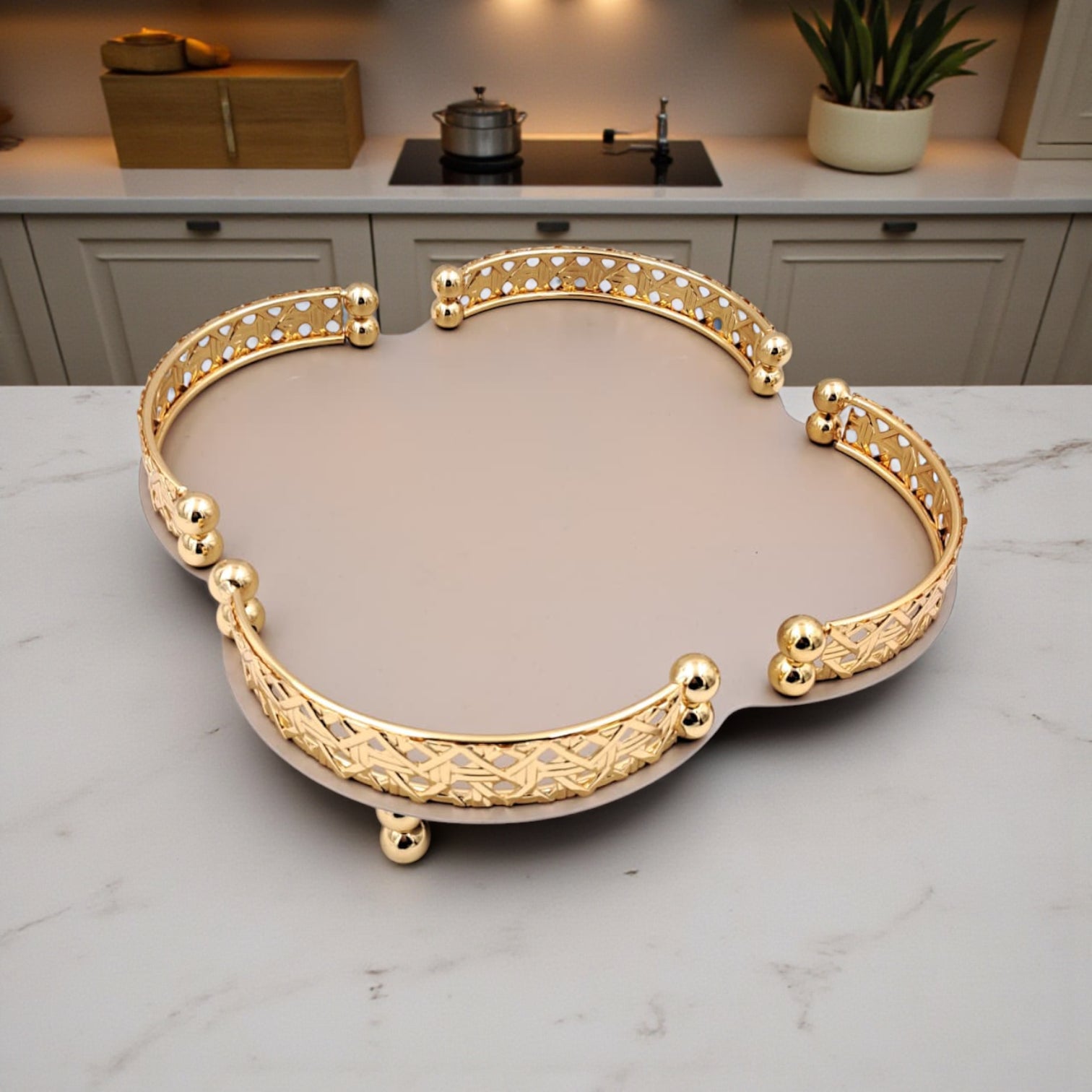 Elegant Ceramic Serving Bowl with Golden Metal Stand and Glass Lid – Luxury Flower-Shaped Dish for Sweets, Snacks & Dry Fruits | Al Habbai Collection - Damoo