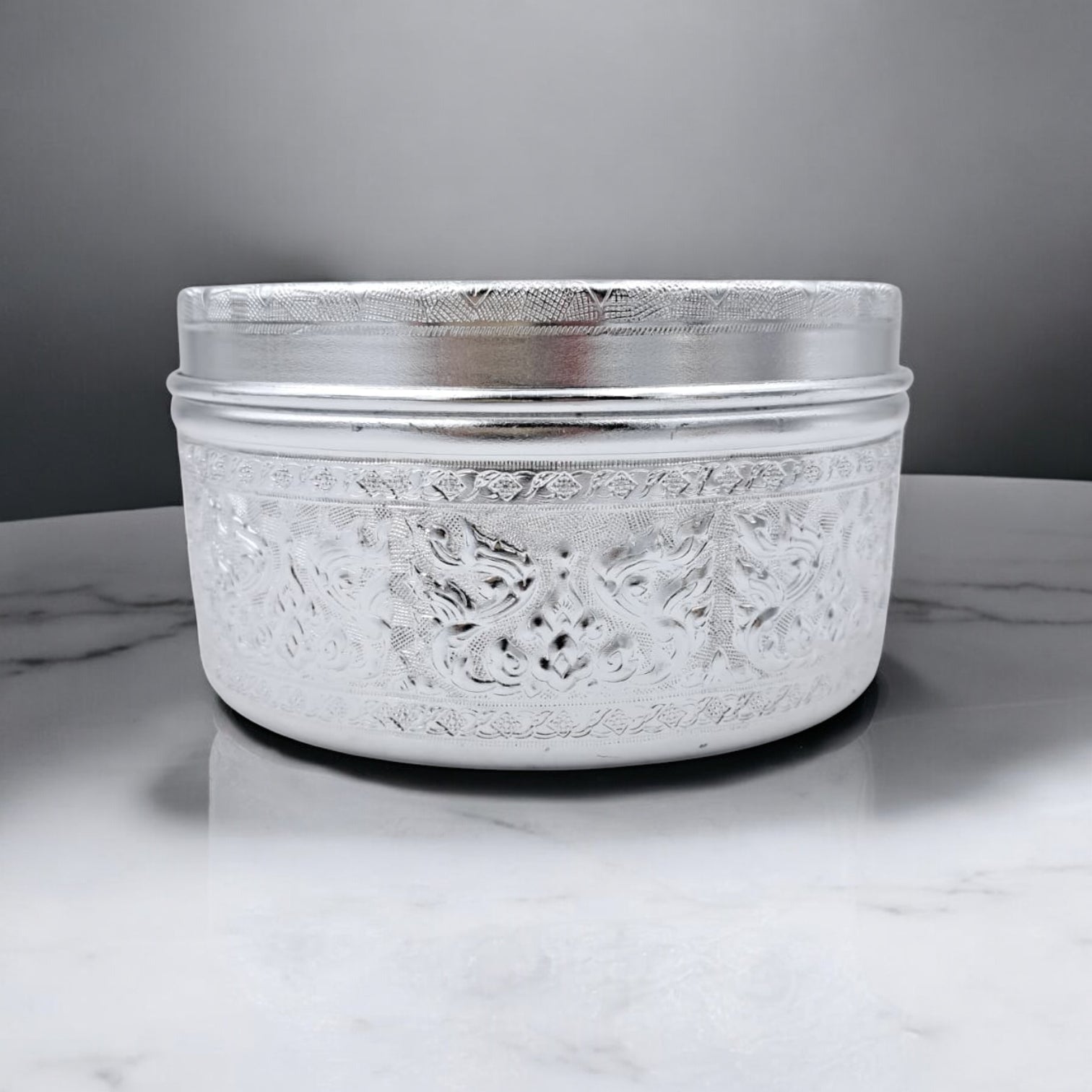 Premium Embossed Aluminum Storage Container with Lid | Decorative Round Metal Box for Sweets, Dates, Spices, Gifts & Home Decor | Lightweight & Durable | H(8cm) x W(15cm) x L(15cm) - Damoo