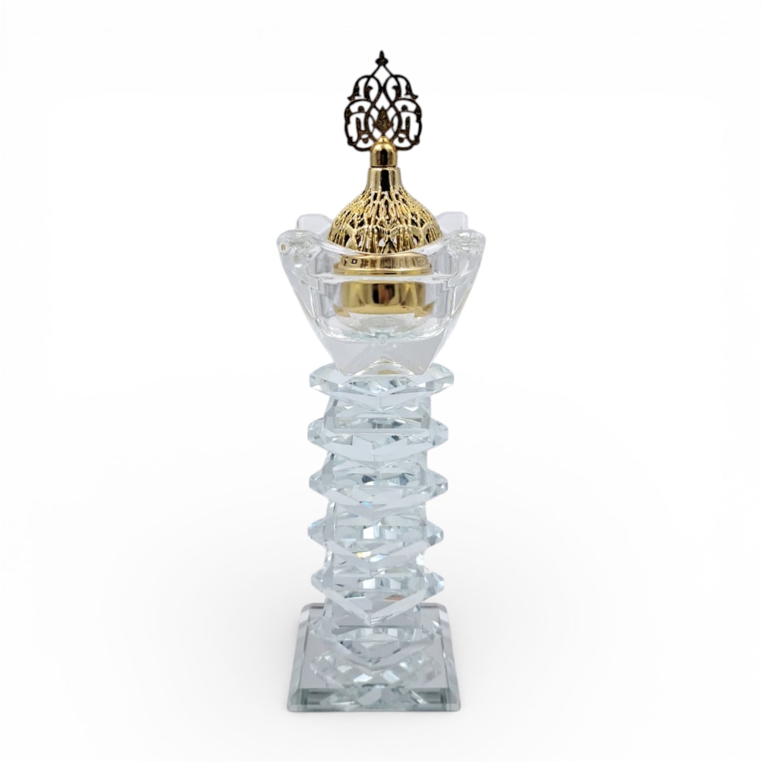 Luxury Crystal Mibkhara Incense Burner – Black or White Glass with Gold Lid, Decorative Bakhoor Burner for Home & Majlis (21H x 6L × 6W CM) - Damoo