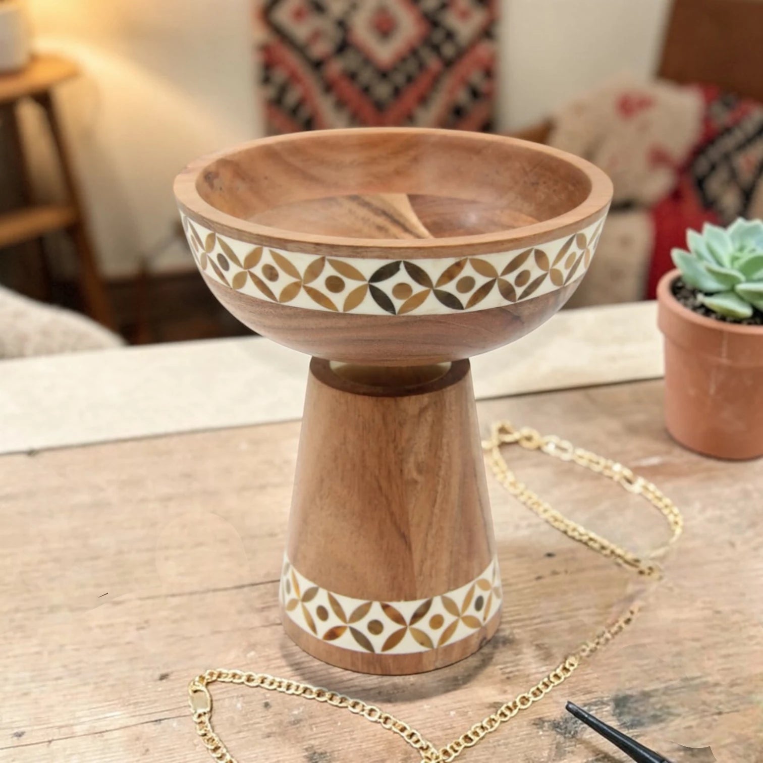 Handcrafted Wooden Pedestal Bowl with Mother of Pearl Inlay – Decorative Serving Bowl Stand for Fruits & Centerpiece Décor (22H x 19L x 19W CM) - Damoo