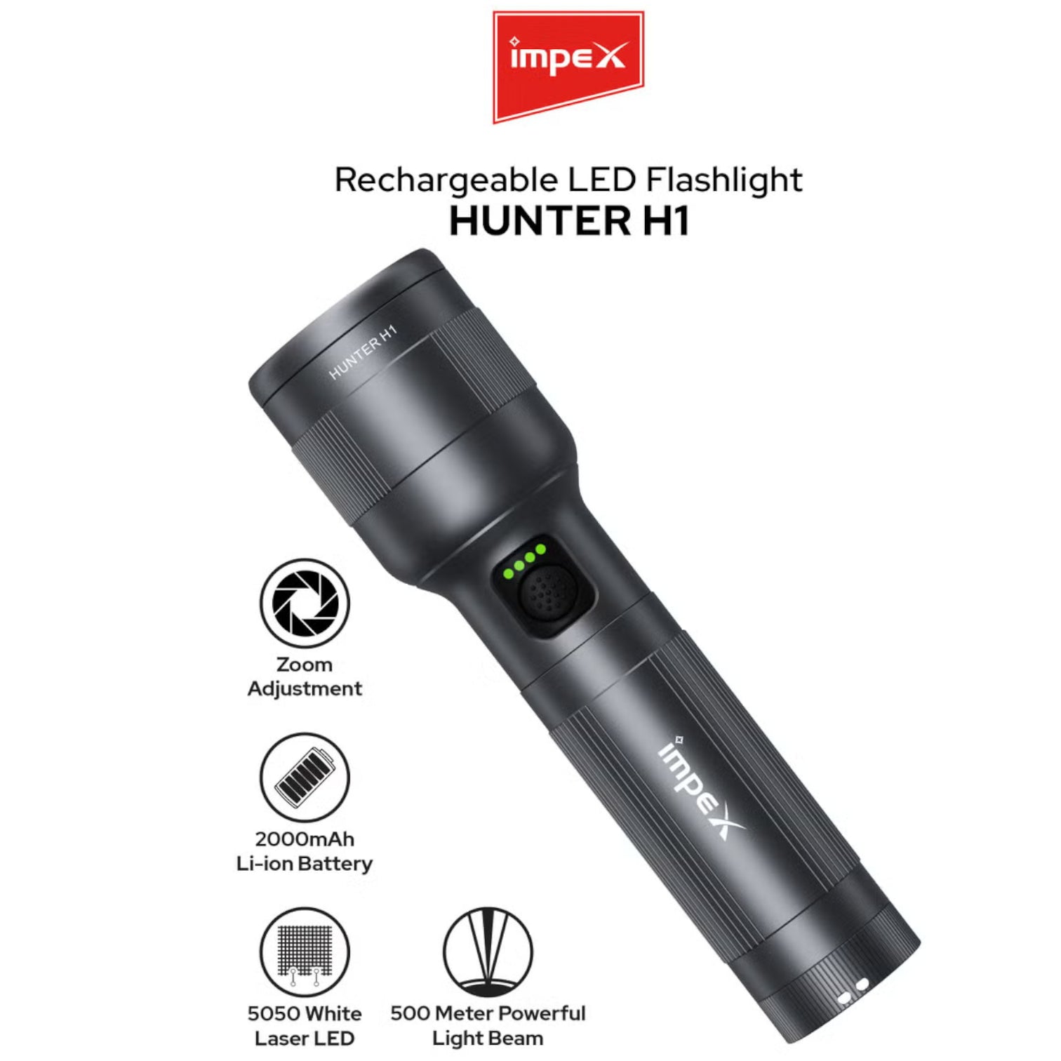 Impex Hunter H1 Rechargeable LED Flashlight | 5050 White Laser LED | 2000mAh Li-ion Battery | 4 Light Modes | 500m Beam | Type-C Fast Charging | Waterproof Aluminum Body