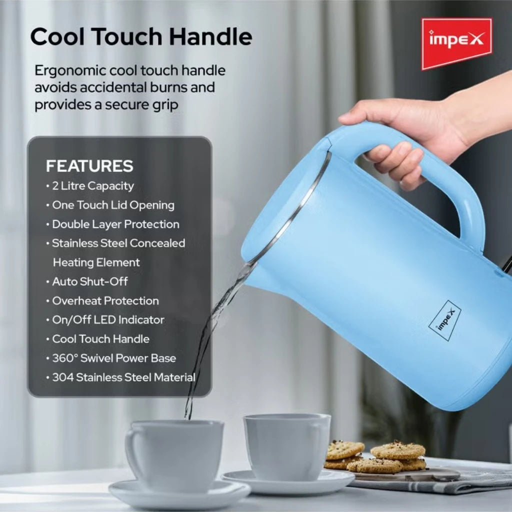 Impex 2.0L Double Layer Electric Kettle (Steamer 2002) – 1500W 304 Stainless Steel Kettle with Seamless Inner Body, FADA Double Controller, 360° Cordless Base, Auto Shut-Off & Indicator Light – Blue - Damoo
