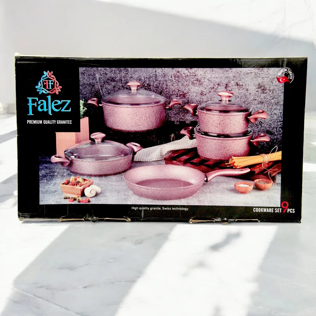 Falez 9-Piece Ultra Non-Stick Granite Cookware Set – Premium Die-Cast Casseroles & Frypan with Glass Lids, Energy-Saving Bottom, PFOA-Free & Eco-Friendly – Made in Turkey - Damoo