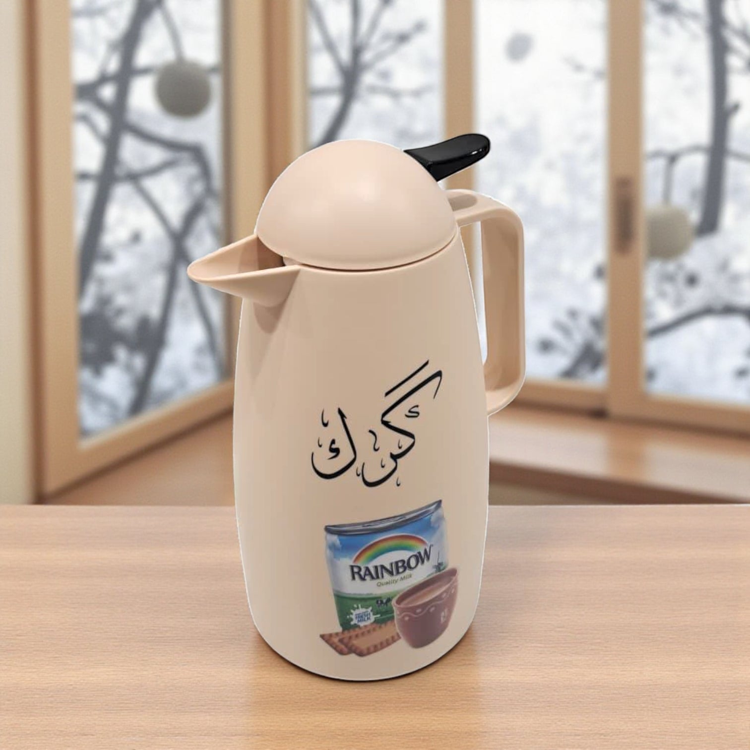 Crystal House Beige Thermos Flask – Rainbow Milk & Biscuit Design | Double Wall Insulated Tea Flask for Hot & Cold Beverages - Damoo