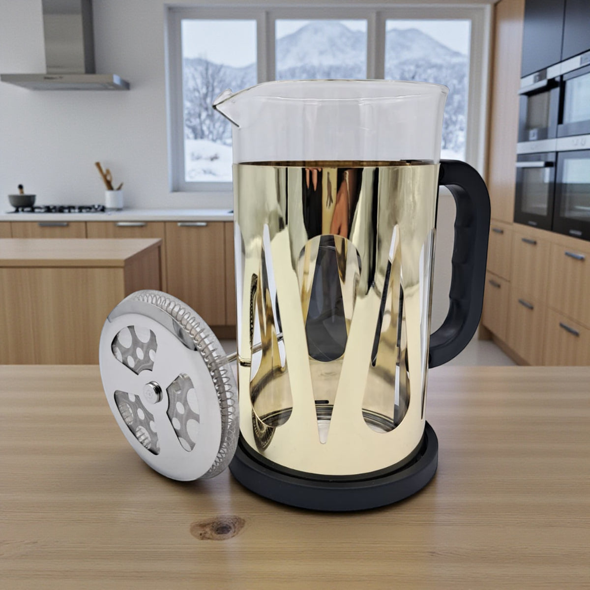 HTH French Press Coffee Maker 1000ml – Premium Stainless Steel Glass Coffee & Tea Press Pot | Heat-Resistant Borosilicate Glass, Gold & Silver Colors