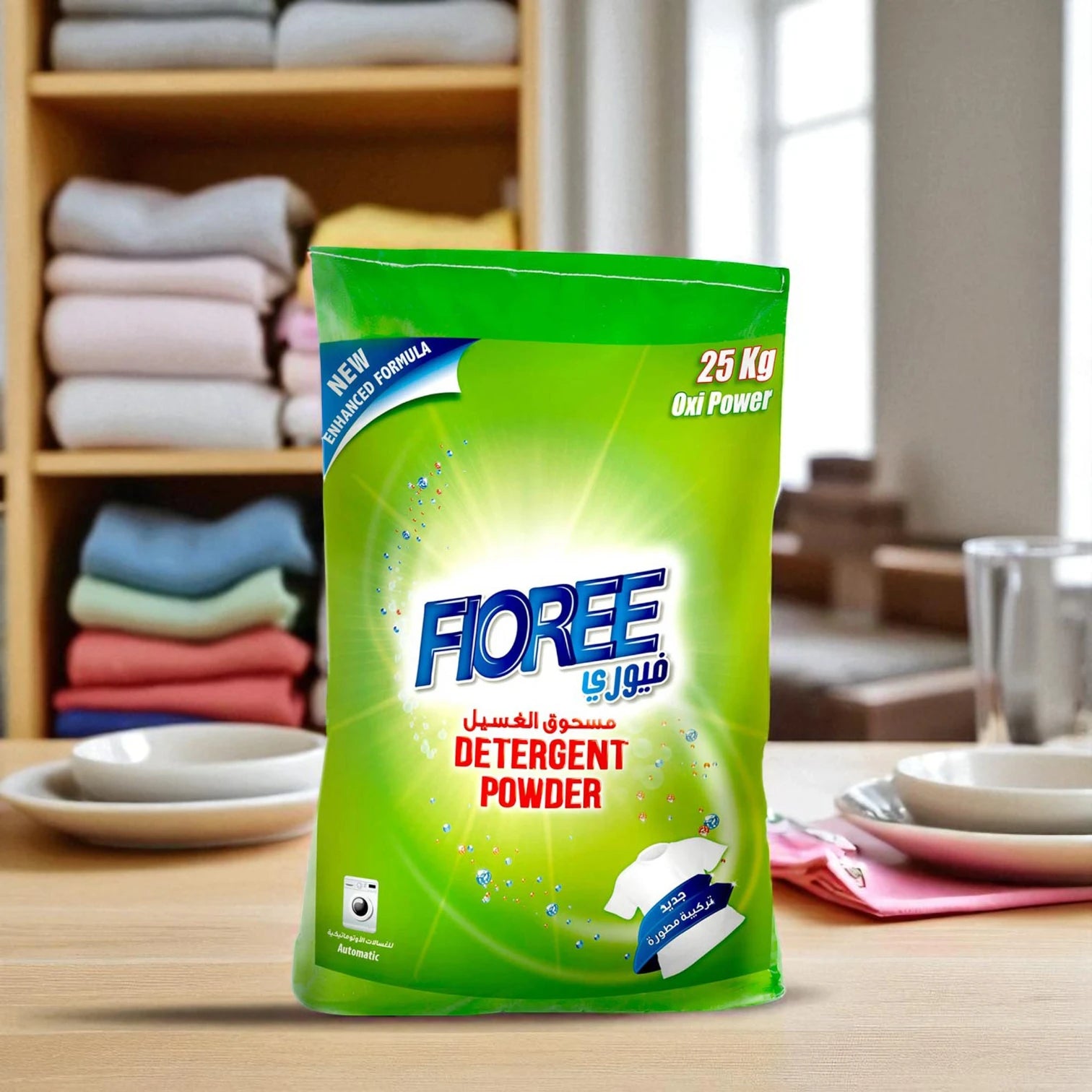 Fioree Detergent Powder 25Kg Woven Bag – Oxi Power Stain Remover, Odor Elimination, Refreshing Fragrance, Color Protection, Suitable for All Fabric Types & Top-Loading Washing Machines - Damoo
