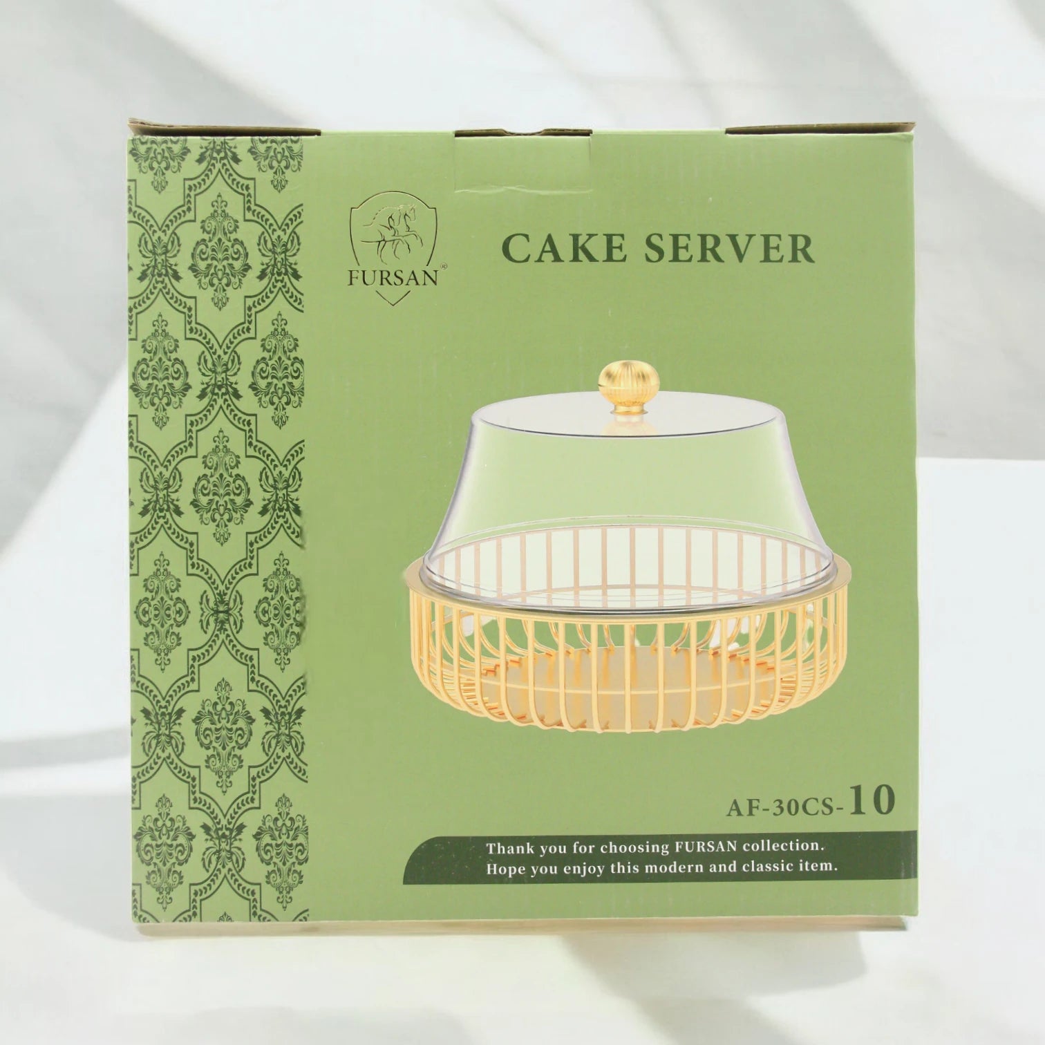 FURSAN Elegant Gold Cake Server with Clear Dome Lid – Decorative Base Dessert Display Stand for Cakes, Pastries & Sweets – Model AF-30CS-10 - Damoo