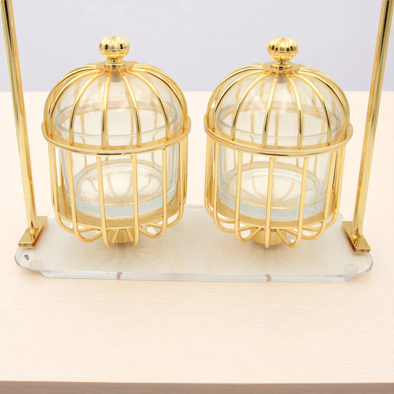 FURSAN Luxury Gold Candy Box with Double Glass Containers and Acrylic Stand – Elegant Birdcage Design for Serving Dates, Nuts, Sweets, and Desserts – Decorative Ramadan and Eid Gift Set - Damoo