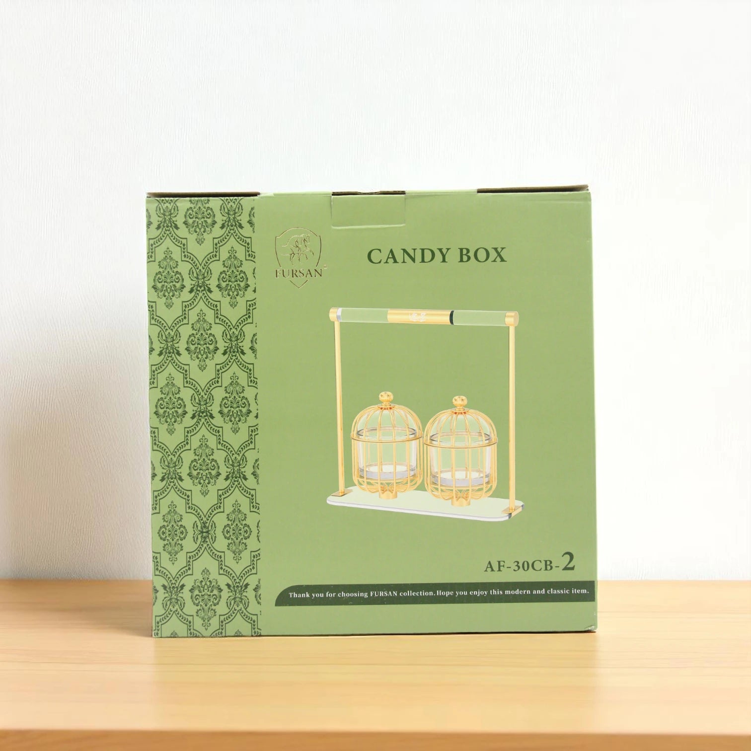 FURSAN Luxury Gold Candy Box with Double Glass Containers and Acrylic Stand – Elegant Birdcage Design for Serving Dates, Nuts, Sweets, and Desserts – Decorative Ramadan and Eid Gift Set - Damoo